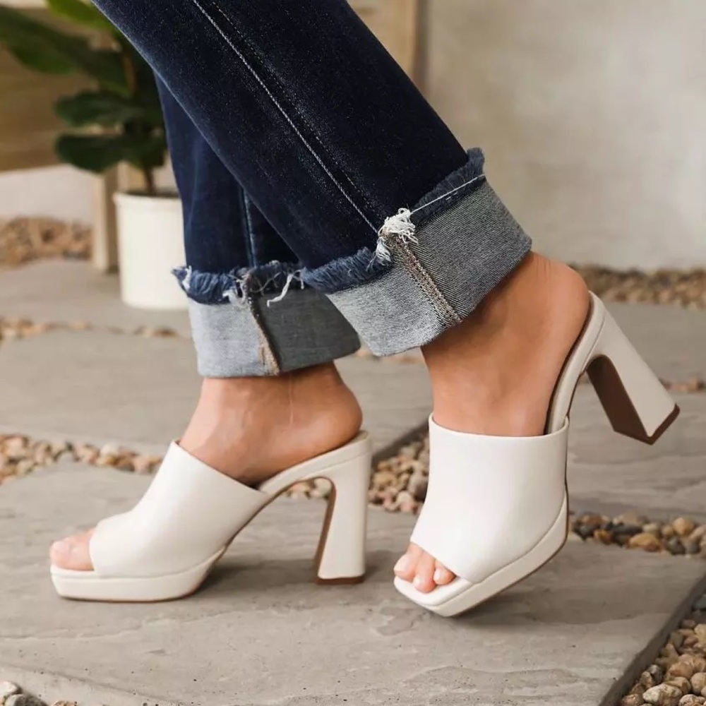 White Platform Mule Heeled Sandals, Size 7.5